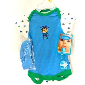 NEW!! Bon Bebe Infant 0-3M Baby Boy One-Piece FREE Socks Blue Green Monkey Stars
